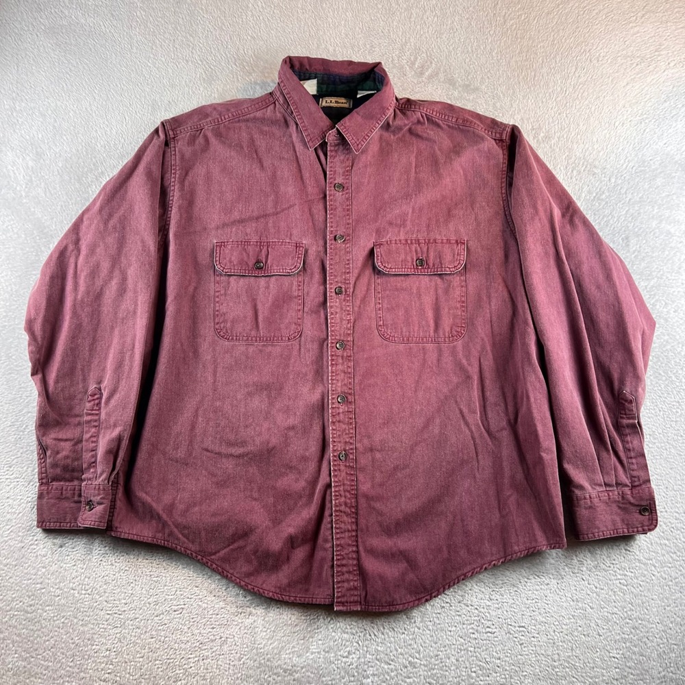 VTG LL Bean Flannel Lined Shirt Mens XL Reg Burgundy Red Cotton Plaid A038
